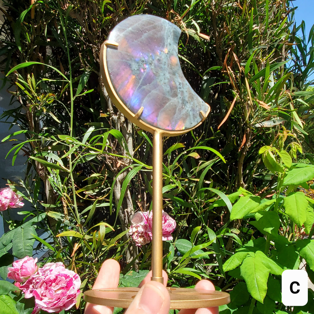 Flashy Labradorite Moon on Stand - Awareness, Connection, Intuition - Rainbow Flash Lab Stone Healing Statement Crystal Display