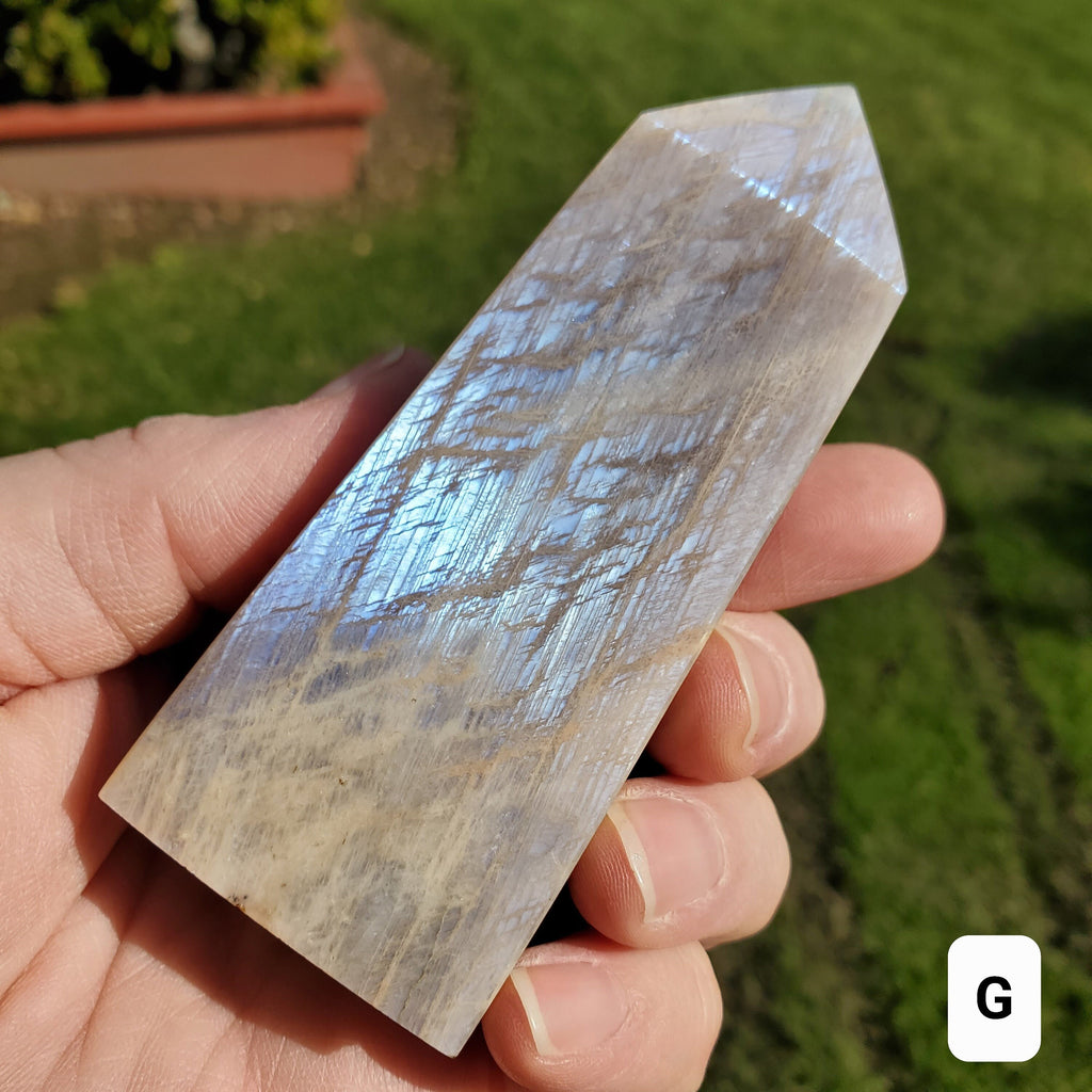 Blue & Gold Flashy Moonstone Tower - Uplifting, Raises Vibration, Feminine Energy, Empowering - Flashy Crystal Point Healing Point Gemstone
