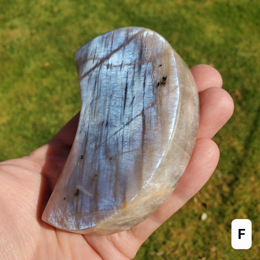 Gold & Blue Flashy Moonstone Moon on Stand - Uplifting, Raises Vibration, Feminine Energy, Empowering - Flashy Crystal Moon Healing Gemstone