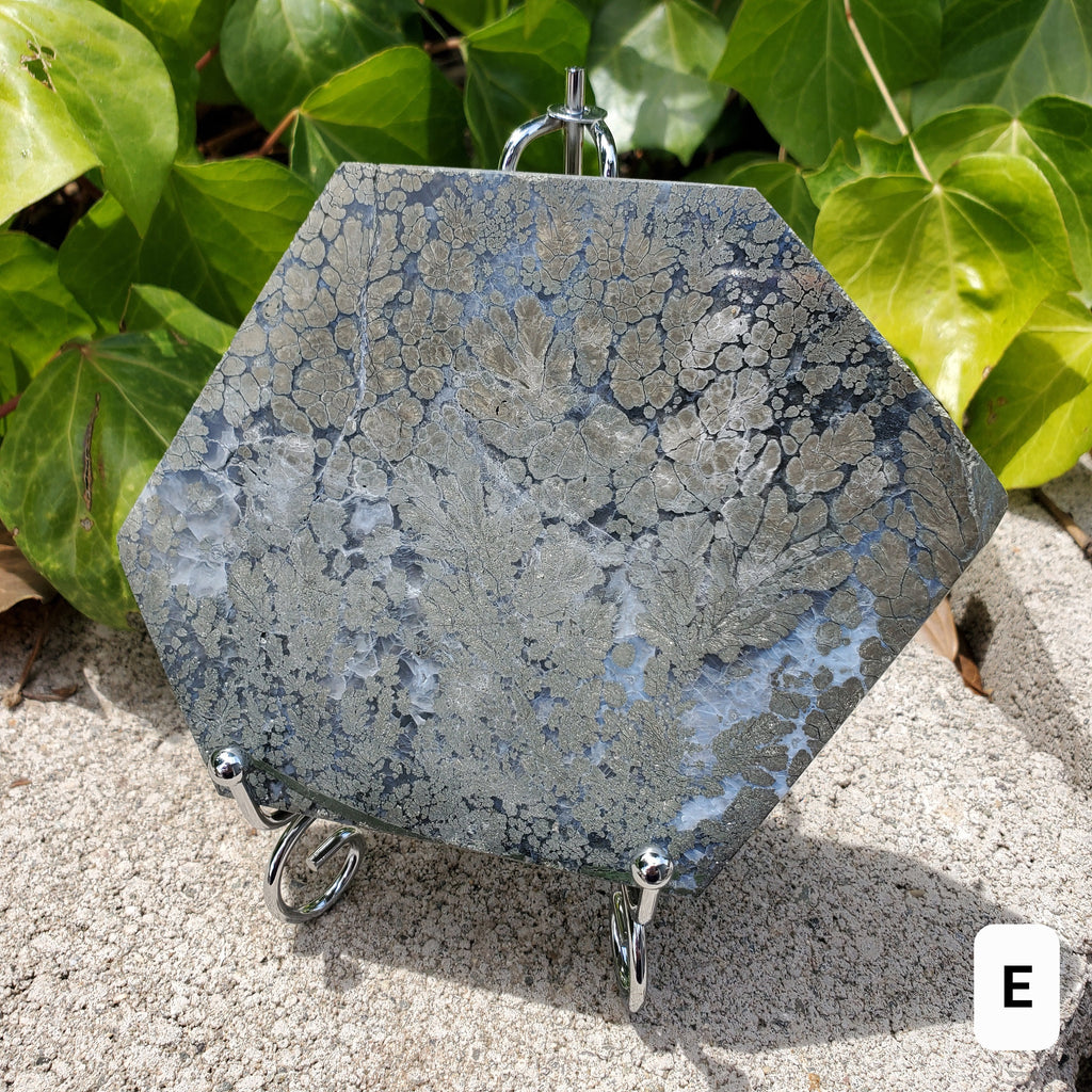 Pyrite Agate Slab with Stand - Blocks Negativity, Blocks EMF, Boost Personal Power - Crystal Pyrite in Agate Display Statement Gemstone