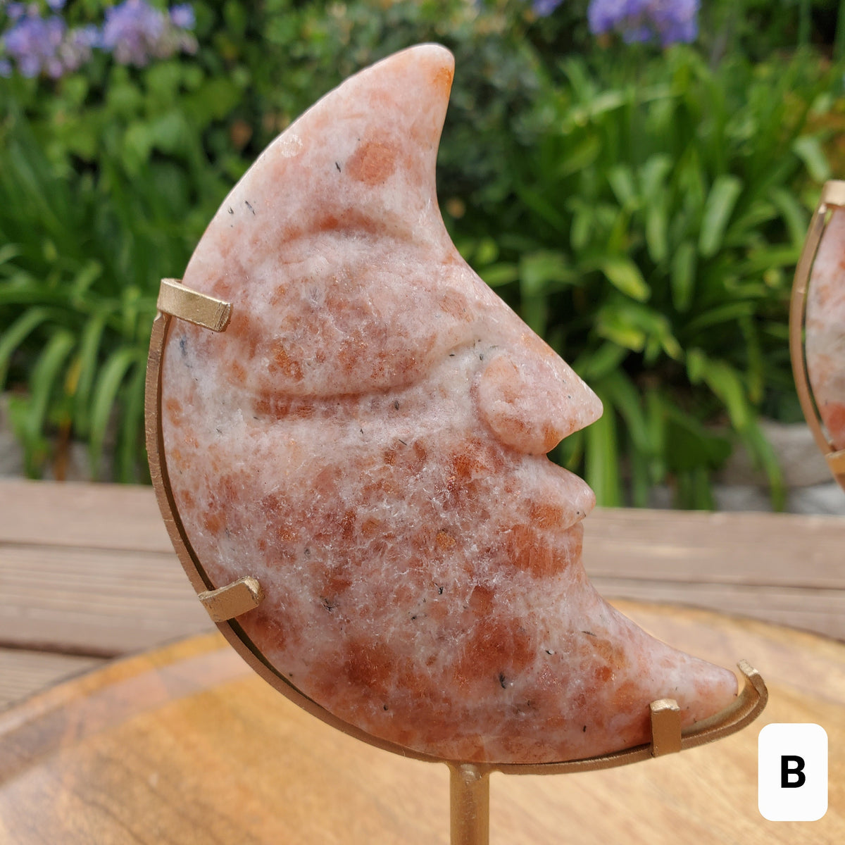 Sunstone Moon on Stand - Uplifting, Excitement, Creativity, Carries Energy of the Sun - Flashy Crystal Moon Healing Gemstone