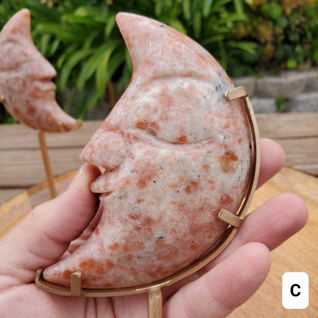 Sunstone Moon on Stand - Uplifting, Excitement, Creativity, Carries Energy of the Sun - Flashy Crystal Moon Healing Gemstone