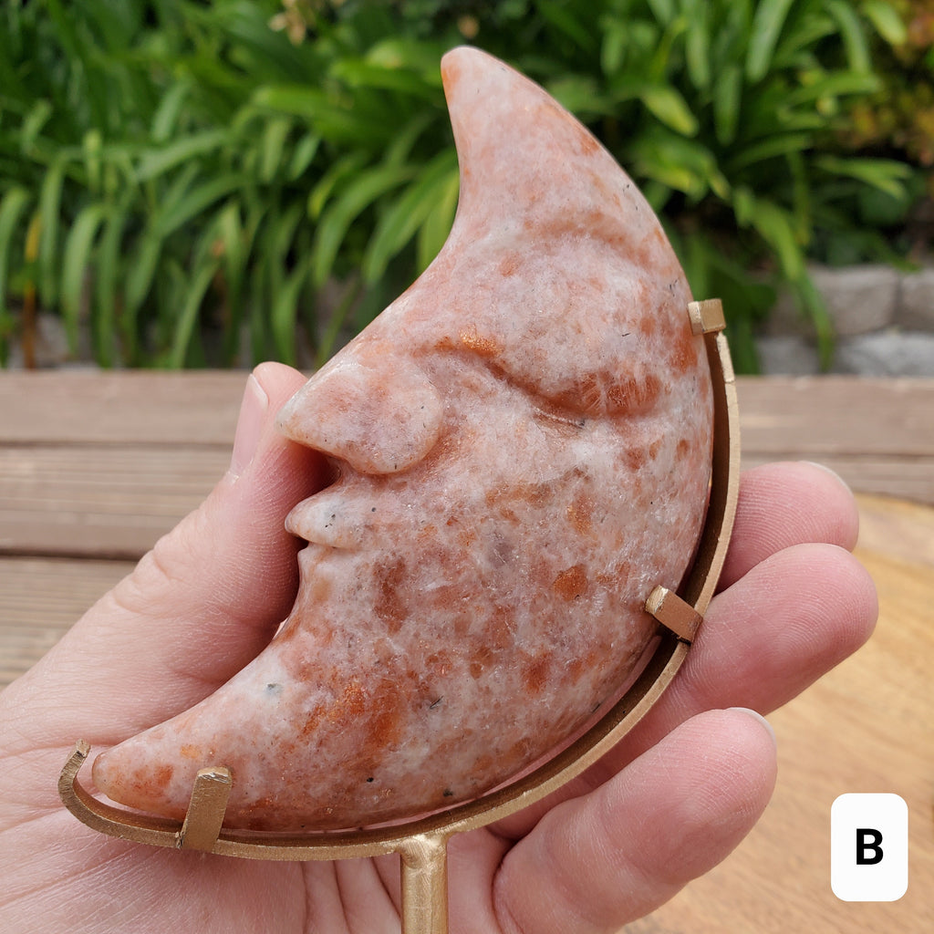 Sunstone Moon on Stand - Uplifting, Excitement, Creativity, Carries Energy of the Sun - Flashy Crystal Moon Healing Gemstone