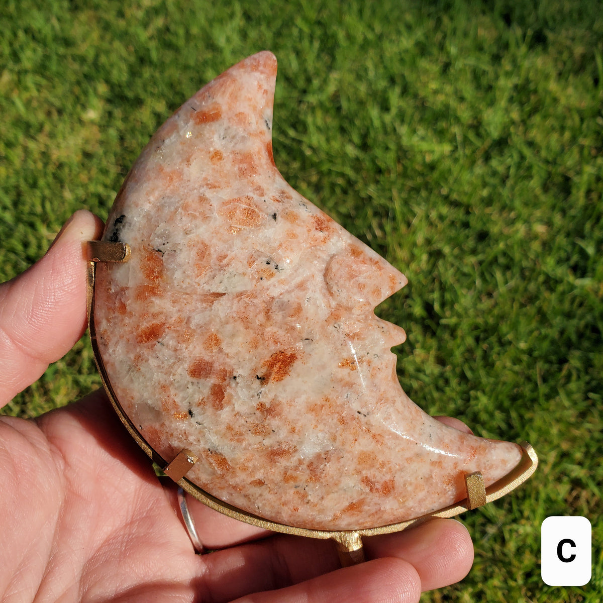 Sunstone Moon on Stand - Uplifting, Excitement, Creativity, Carries Energy of the Sun - Flashy Crystal Moon Healing Gemstone