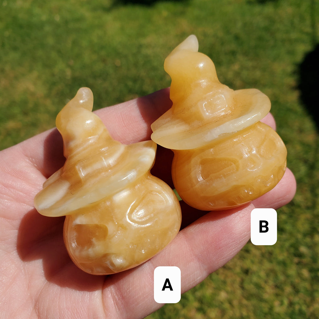 Orange Calcite Pumpkin with Witch Hat - Confidence, Self-Esteem, Creative & Sexual Energy - Calcite Crystal Pumpkin Halloween Gemstone