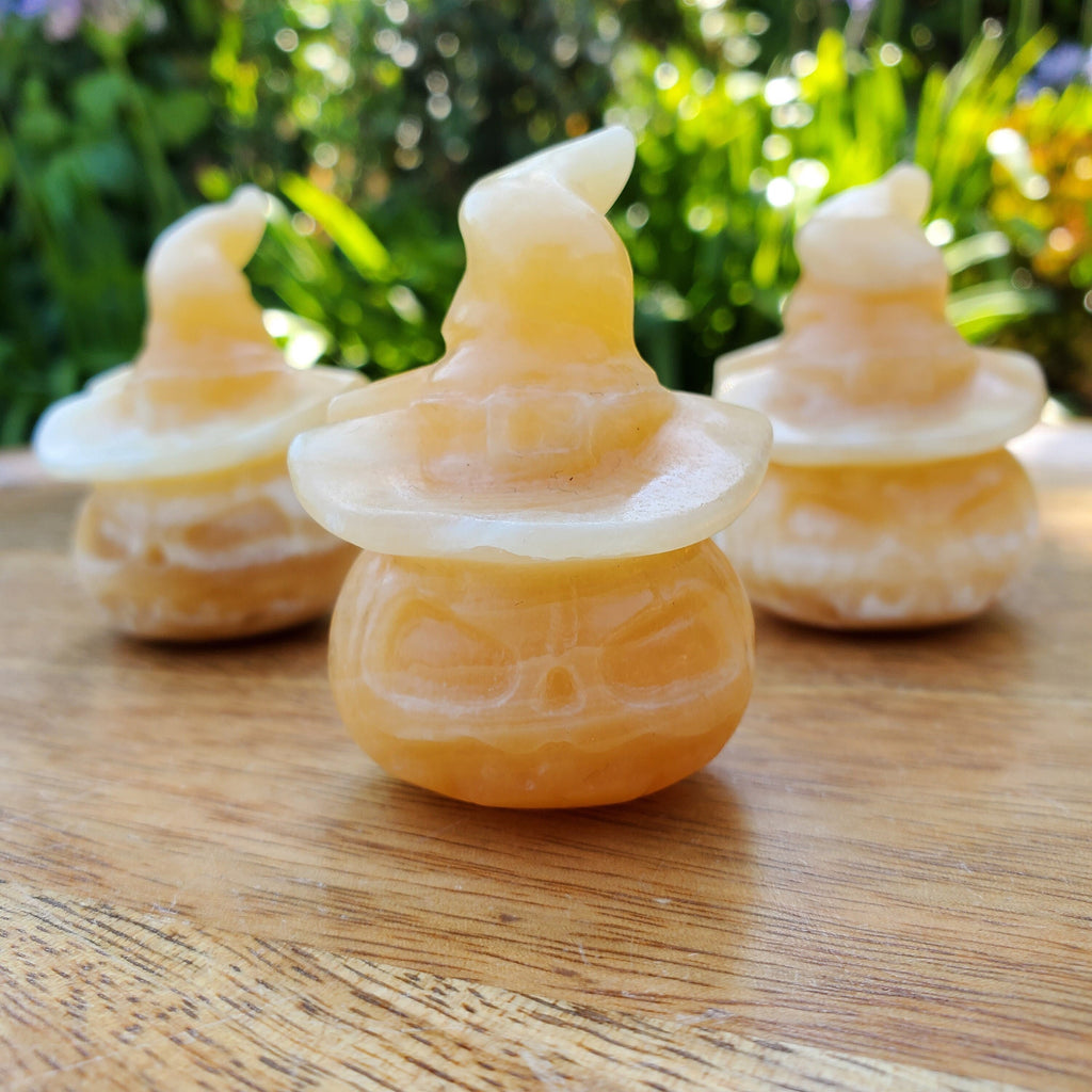 Orange Calcite Pumpkin with Witch Hat - Confidence, Self-Esteem, Creative & Sexual Energy - Calcite Crystal Pumpkin Halloween Gemstone