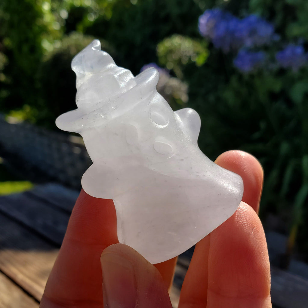 Cute Quartz Ghost with Witch Hat - Counteracts the Negative, Energizes Positive Energy, Cleanses Your Aura - Crystal Ghost Halloween Decor