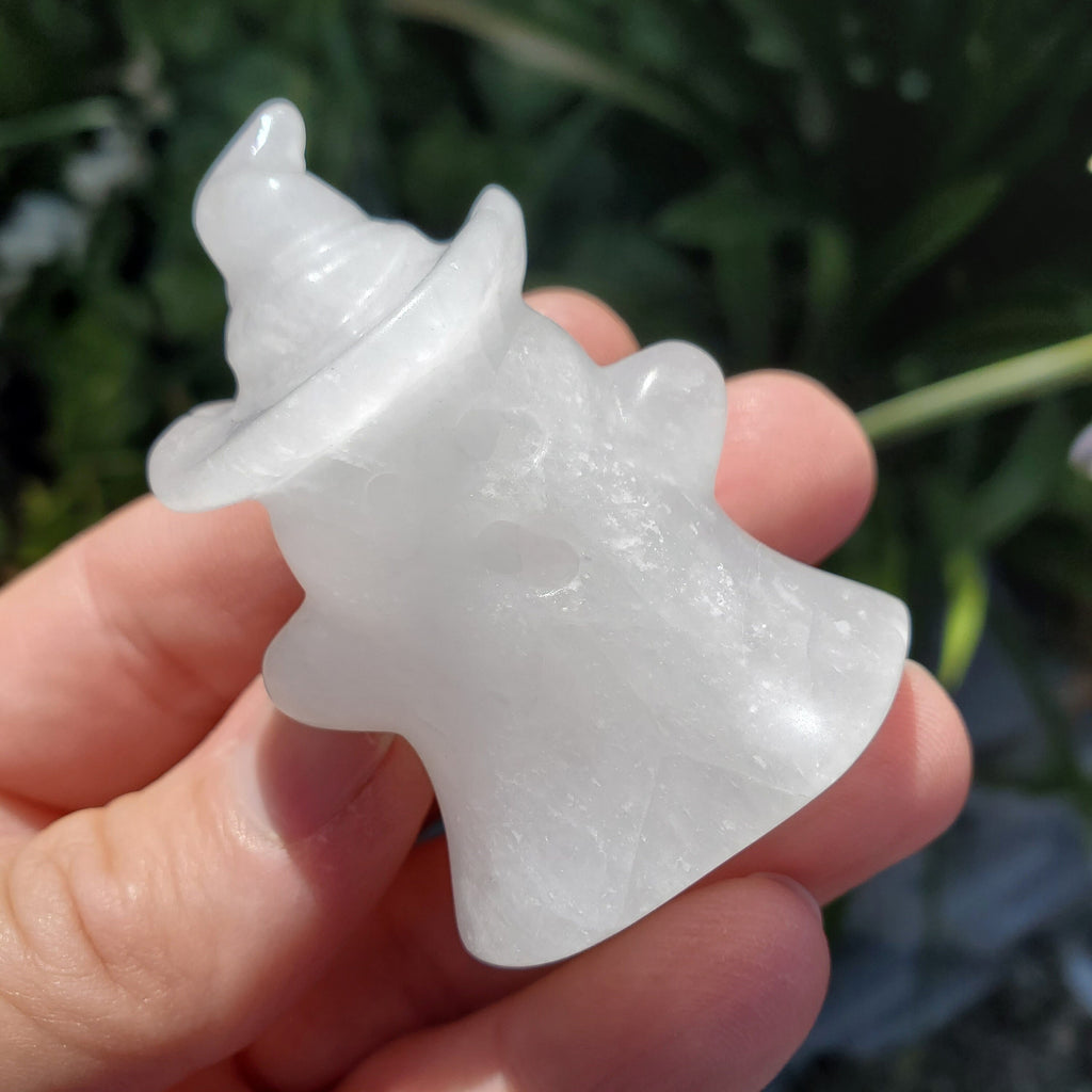 Cute Quartz Ghost with Witch Hat - Counteracts the Negative, Energizes Positive Energy, Cleanses Your Aura - Crystal Ghost Halloween Decor