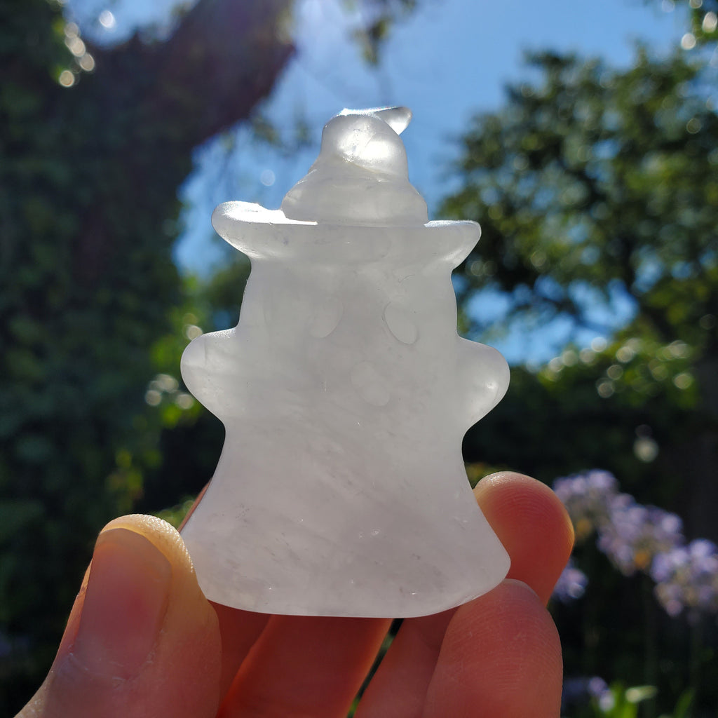 Cute Quartz Ghost with Witch Hat - Counteracts the Negative, Energizes Positive Energy, Cleanses Your Aura - Crystal Ghost Halloween Decor