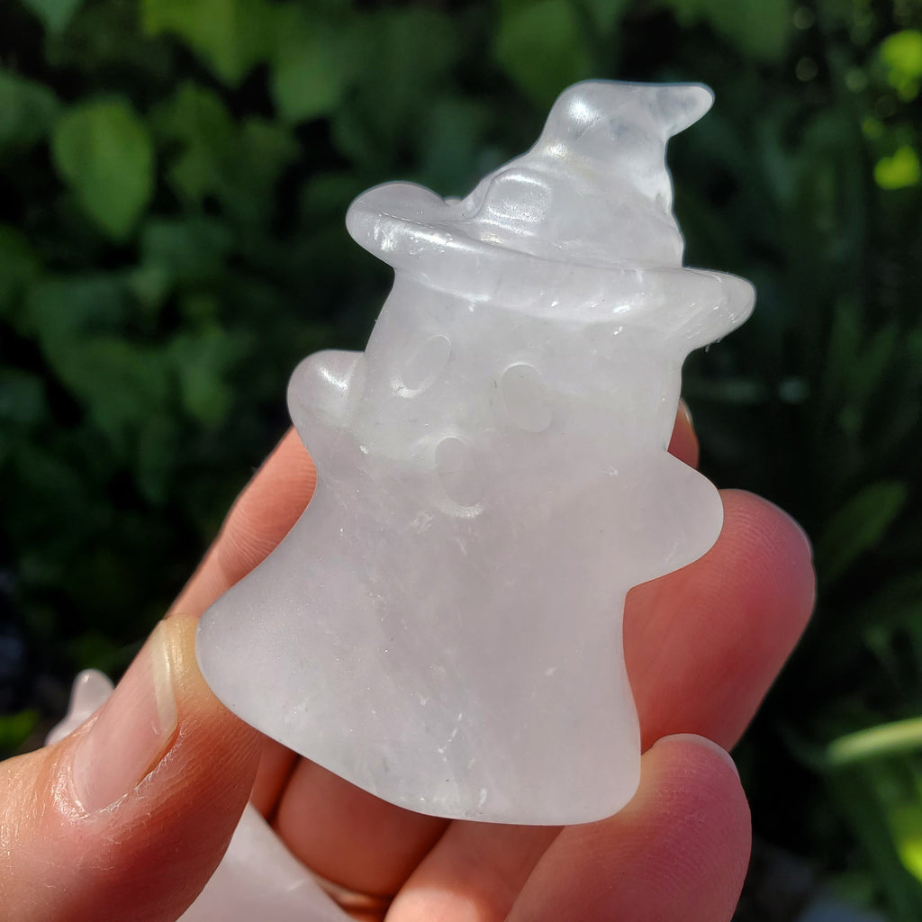 Cute Quartz Ghost with Witch Hat - Counteracts the Negative, Energizes Positive Energy, Cleanses Your Aura - Crystal Ghost Halloween Decor