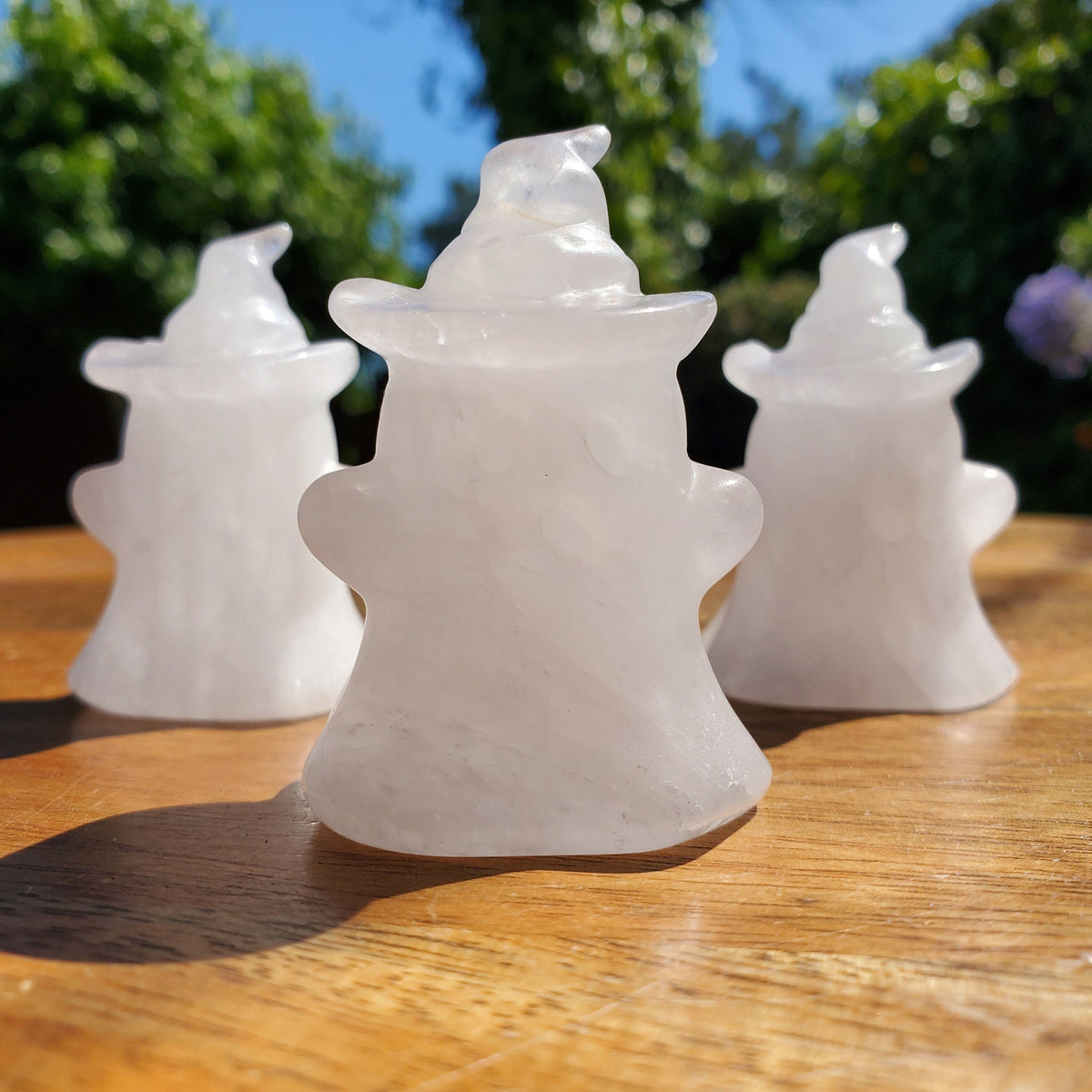 Cute Quartz Ghost with Witch Hat - Counteracts the Negative, Energizes Positive Energy, Cleanses Your Aura - Crystal Ghost Halloween Decor