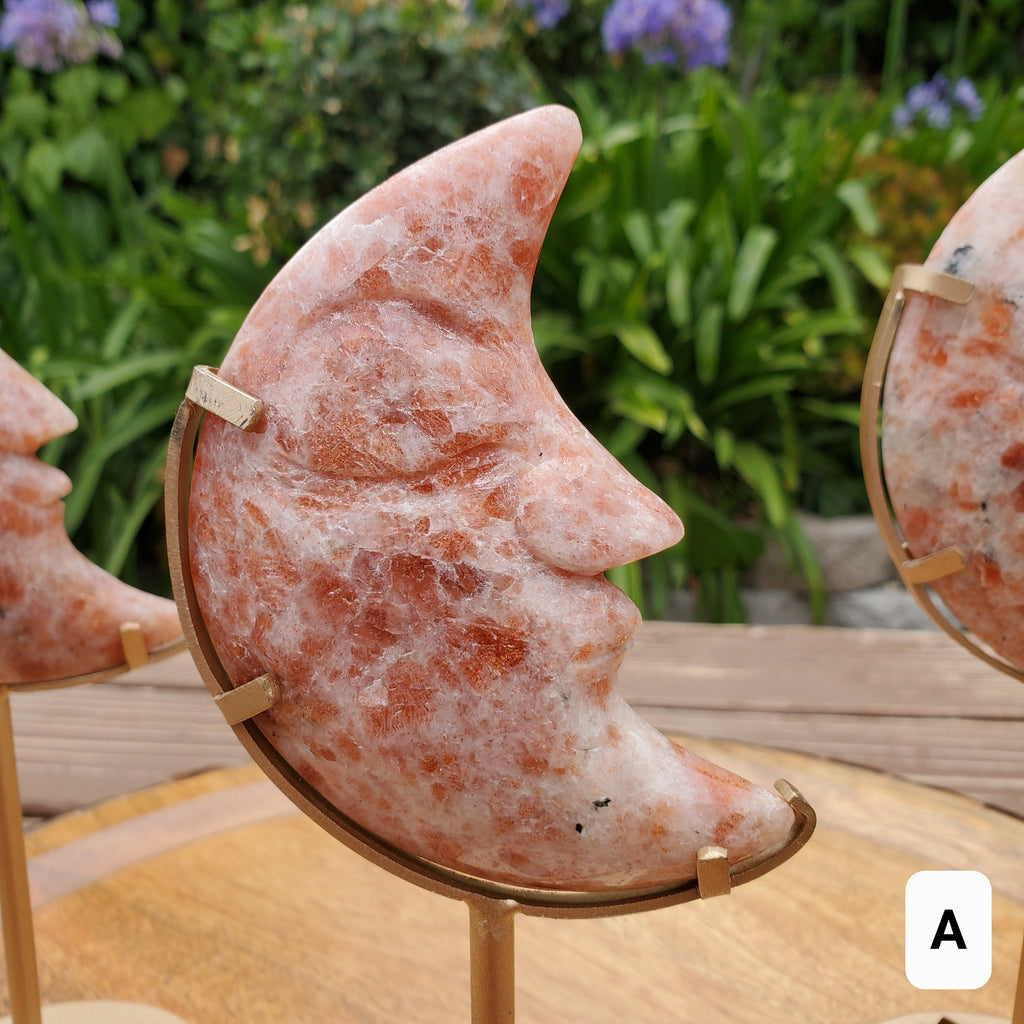 Sunstone Moon on Stand - Uplifting, Excitement, Creativity, Carries Energy of the Sun - Flashy Crystal Moon Healing Gemstone
