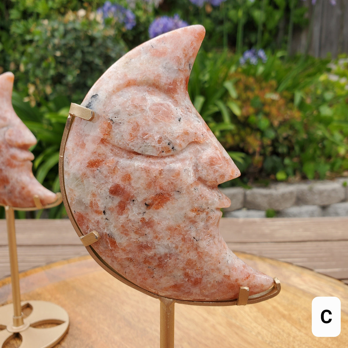 Sunstone Moon on Stand - Uplifting, Excitement, Creativity, Carries Energy of the Sun - Flashy Crystal Moon Healing Gemstone