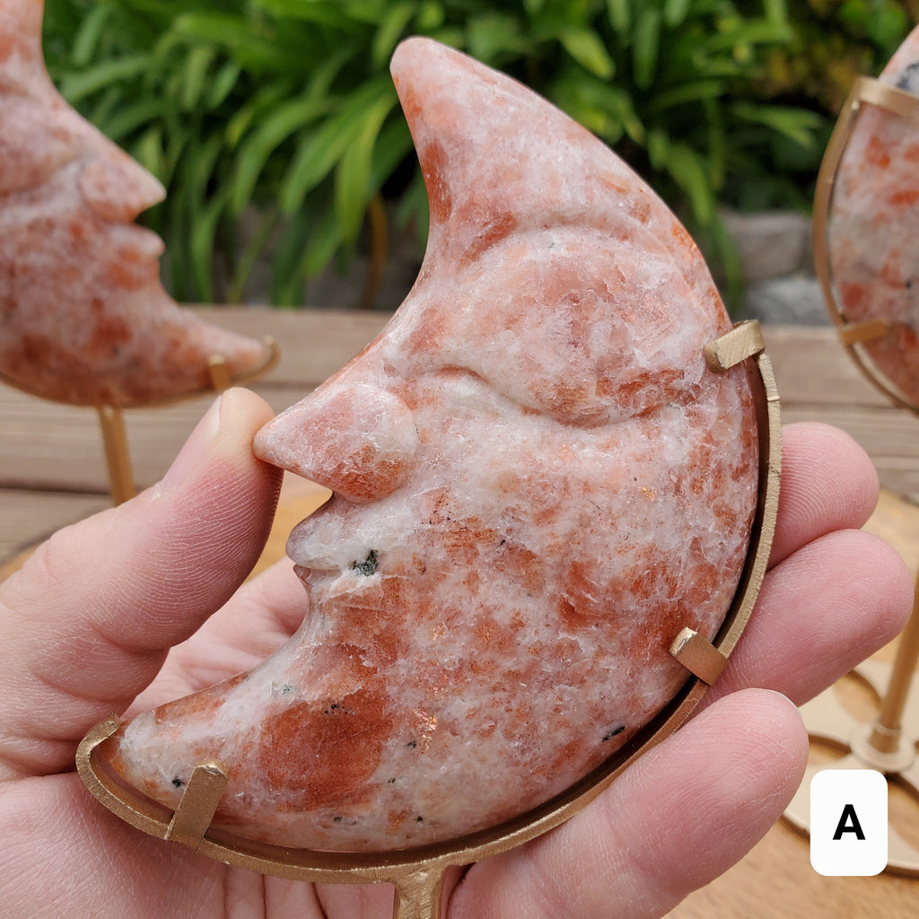 Sunstone Moon on Stand - Uplifting, Excitement, Creativity, Carries Energy of the Sun - Flashy Crystal Moon Healing Gemstone