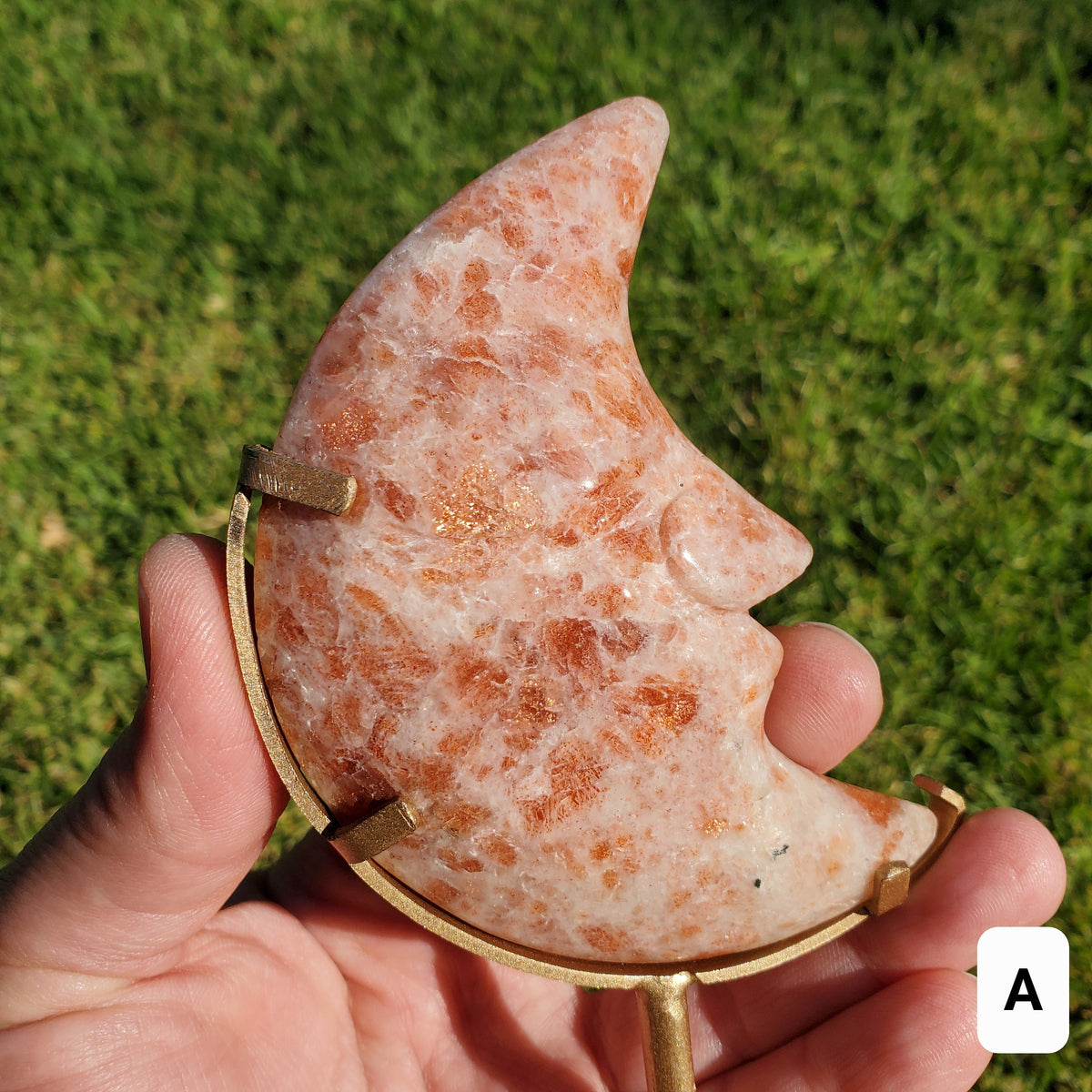 Sunstone Moon on Stand - Uplifting, Excitement, Creativity, Carries Energy of the Sun - Flashy Crystal Moon Healing Gemstone