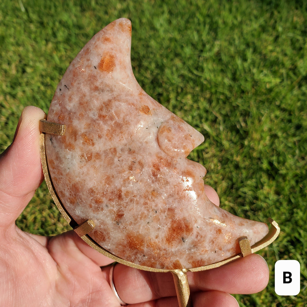 Sunstone Moon on Stand - Uplifting, Excitement, Creativity, Carries Energy of the Sun - Flashy Crystal Moon Healing Gemstone