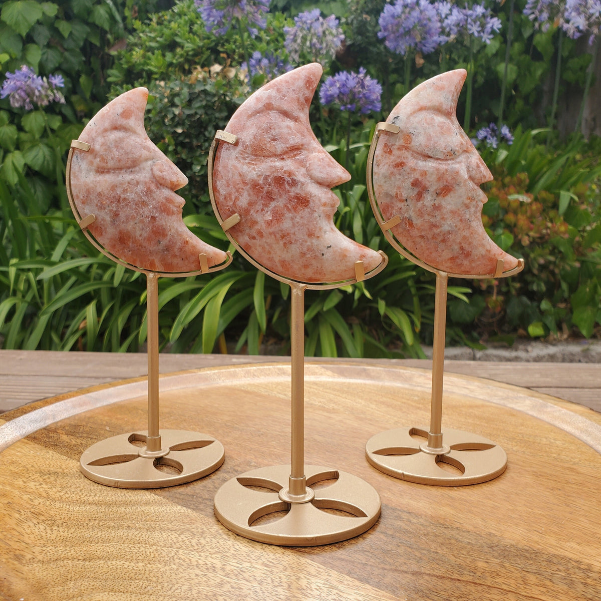 Sunstone Moon on Stand - Uplifting, Excitement, Creativity, Carries Energy of the Sun - Flashy Crystal Moon Healing Gemstone