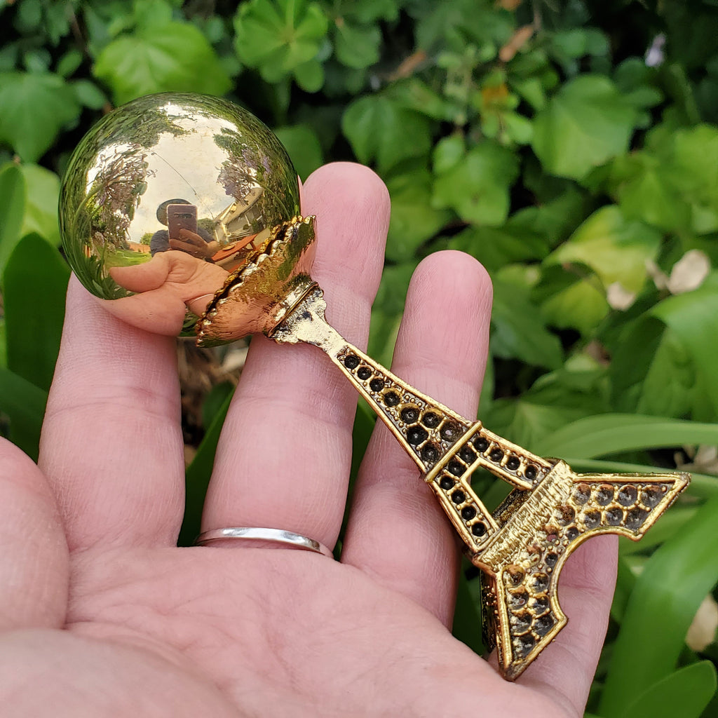 Pyrite Sphere on Gold Paris Stand - Blocks Negativity, Boost Personal Power - 1.5" Pyrite Sphere on Stand Healing Gemstone