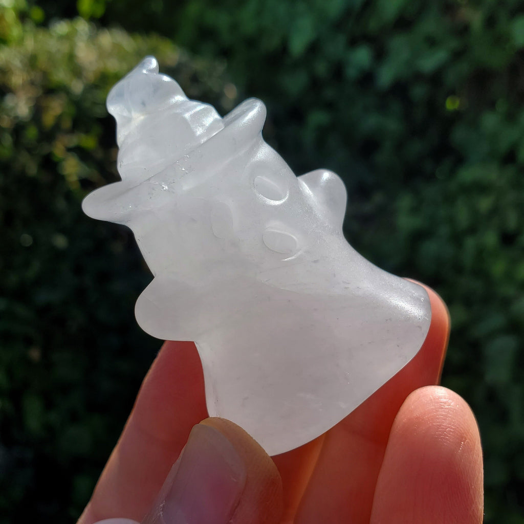Cute Quartz Ghost with Witch Hat - Counteracts the Negative, Energizes Positive Energy, Cleanses Your Aura - Crystal Ghost Halloween Decor