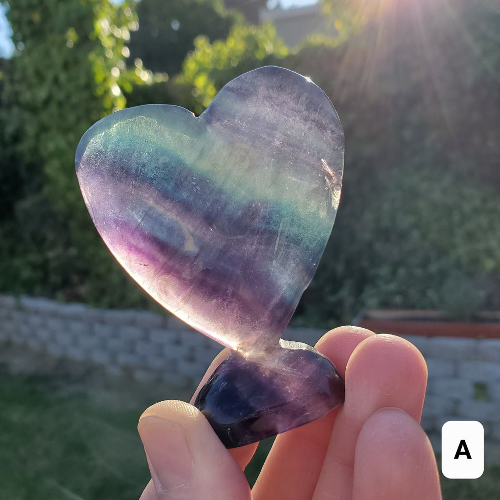 Rainbow Fluorite Standing Heart - Mental Concentration, Energetic Protection, Positivity - Fluorite Carved Crystal Heart Healing Gemstone