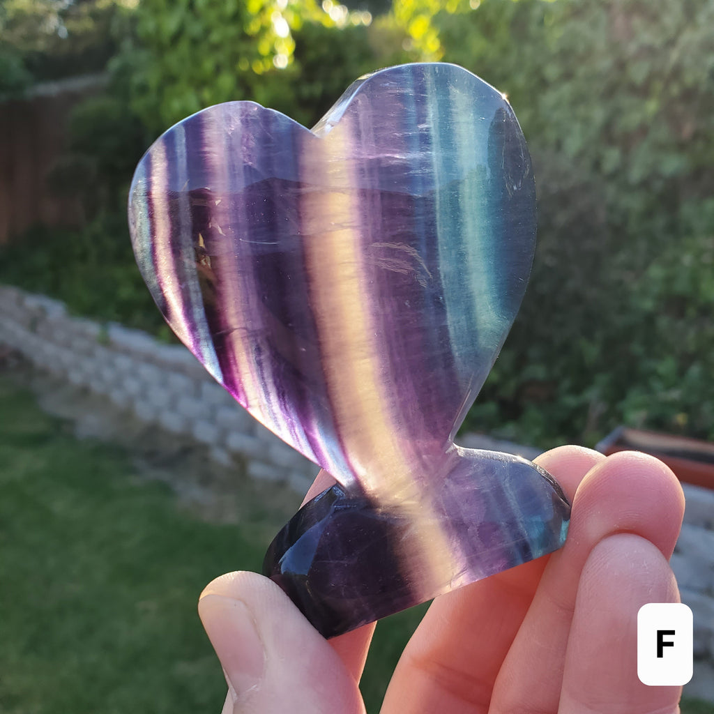 Rainbow Fluorite Standing Heart - Mental Concentration, Energetic Protection, Positivity - Fluorite Carved Crystal Heart Healing Gemstone