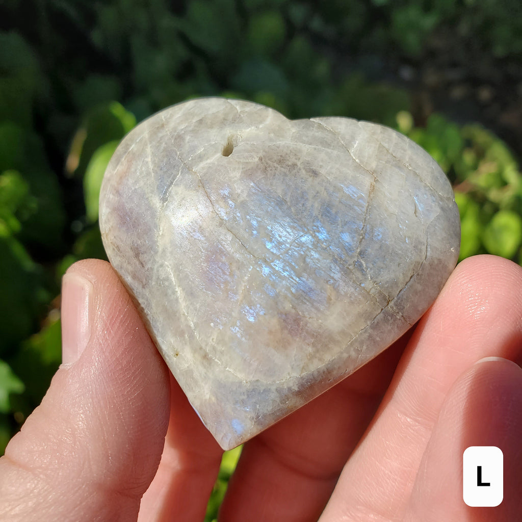 Small Moonstone Heart 2" - Uplifting, Feminine Energy, Empowering - Flashy Moonstone Crystal Carved Heart Healing Point Gemstone