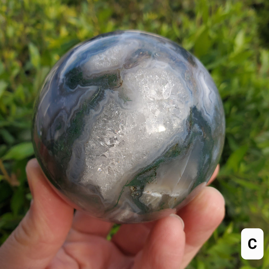 Moss Agate Druzy Sphere - Grounding, Reflection, New Beginnings - Green Agate Crystal Ball Healing Crystal Gemstone