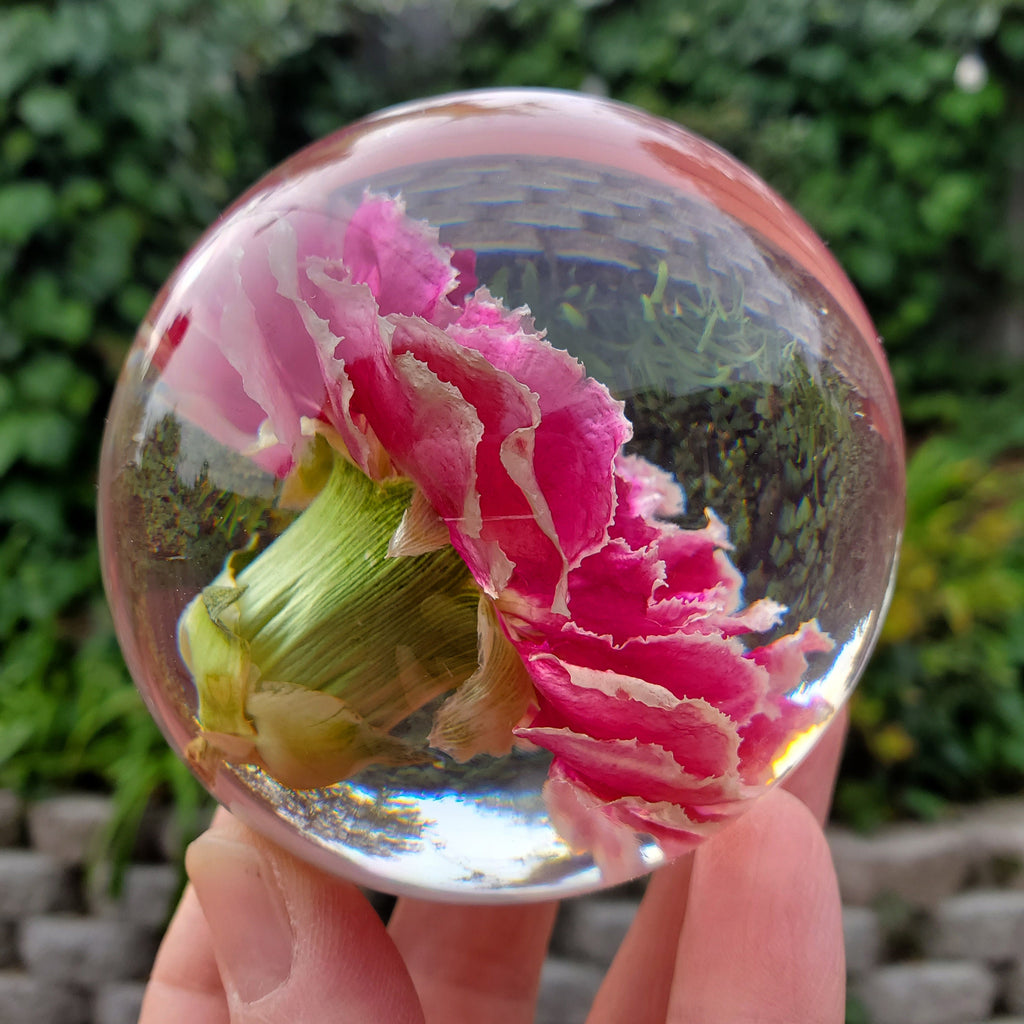 Pink Carnation Resin Sphere with Light Base | Handmade Resin Craft with Real Carnation Inside - Home Décor Night Light, Accent Lighting