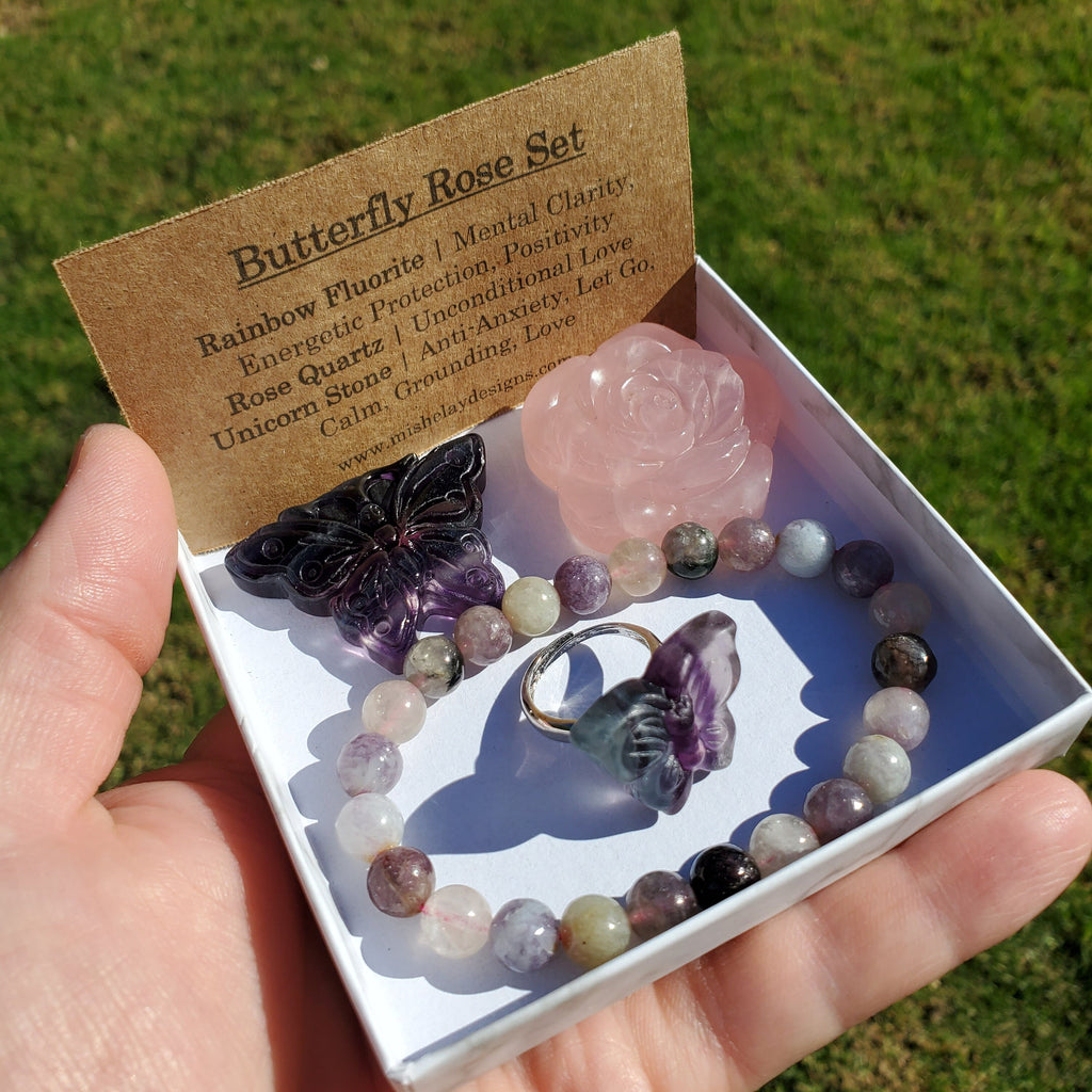 Butterfly & Rose Gift Set - Fluorite Butterfly and Ring + Rose Quartz Rose + Unicorn Bracelet - Clarity, Grounding, Love, Protection