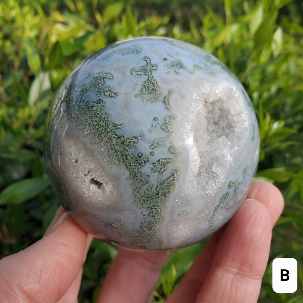 Moss Agate Druzy Sphere - Grounding, Reflection, New Beginnings - Green Agate Crystal Ball Healing Crystal Gemstone