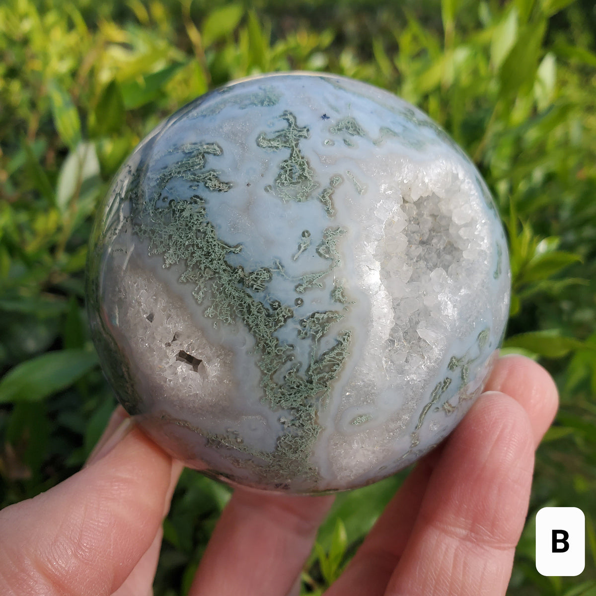 Moss Agate Druzy Sphere - Grounding, Reflection, New Beginnings - Green Agate Crystal Ball Healing Crystal Gemstone