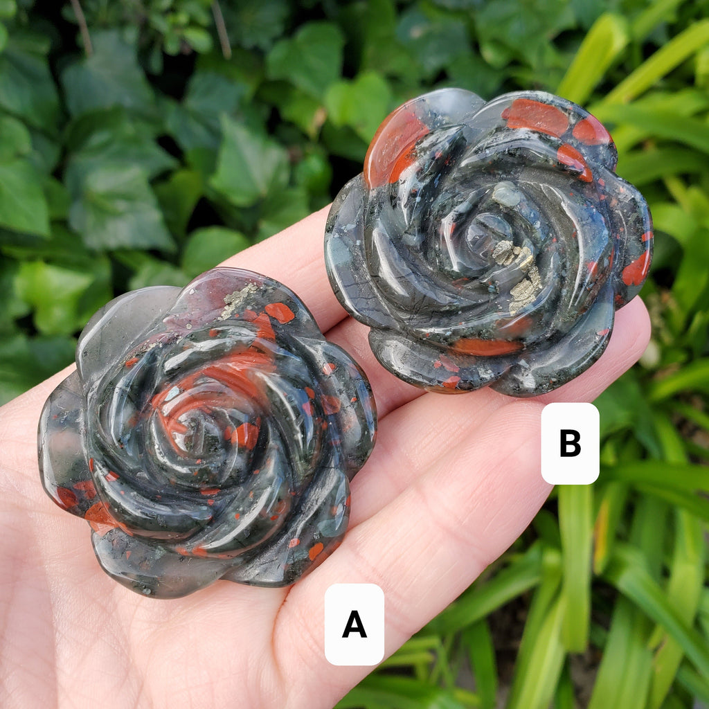 African Bloodstone Rose - Calming, Grounding, Persistence, Courage - Black and Red Crystal Flower Carving Healing Gemstone