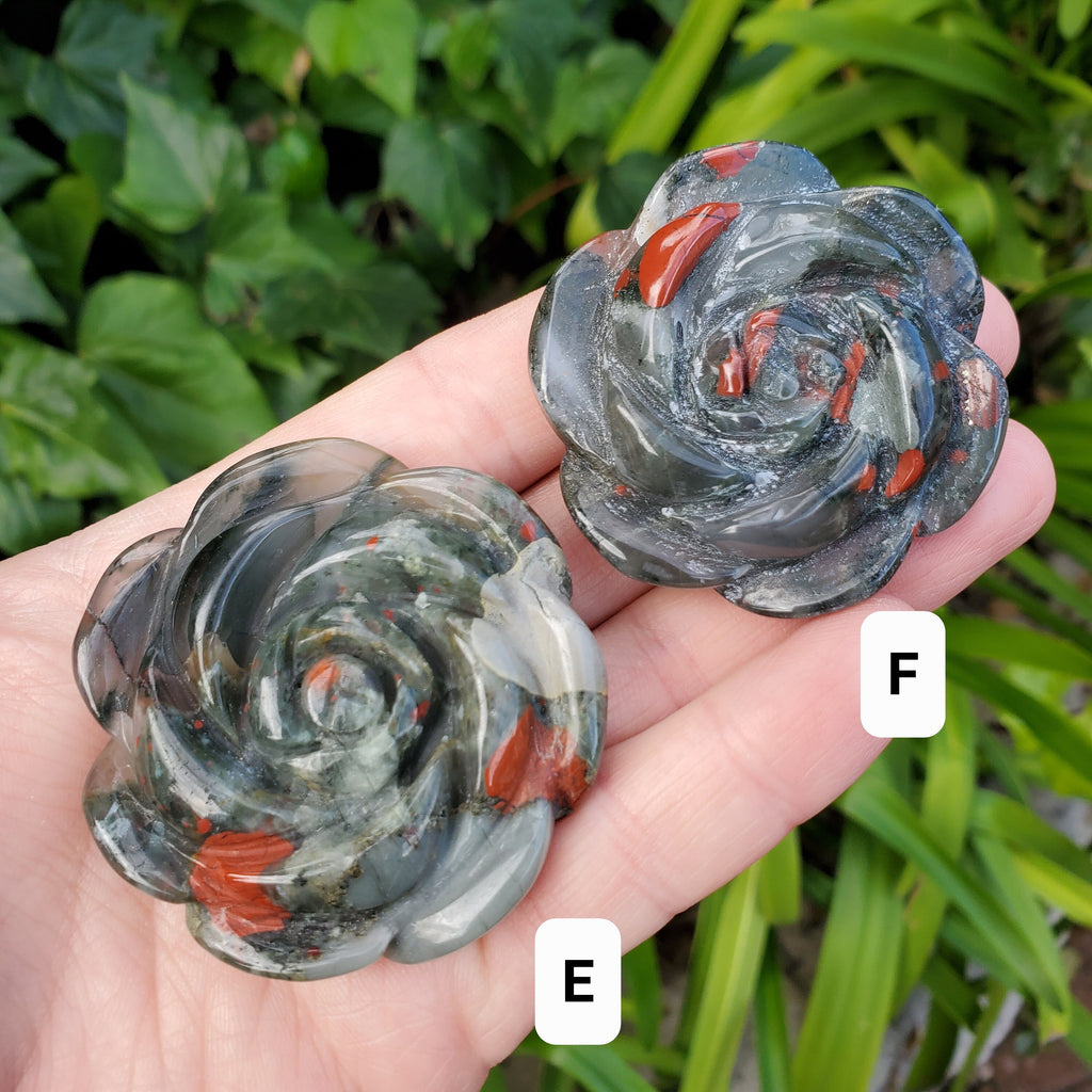African Bloodstone Rose - Calming, Grounding, Persistence, Courage - Black and Red Crystal Flower Carving Healing Gemstone