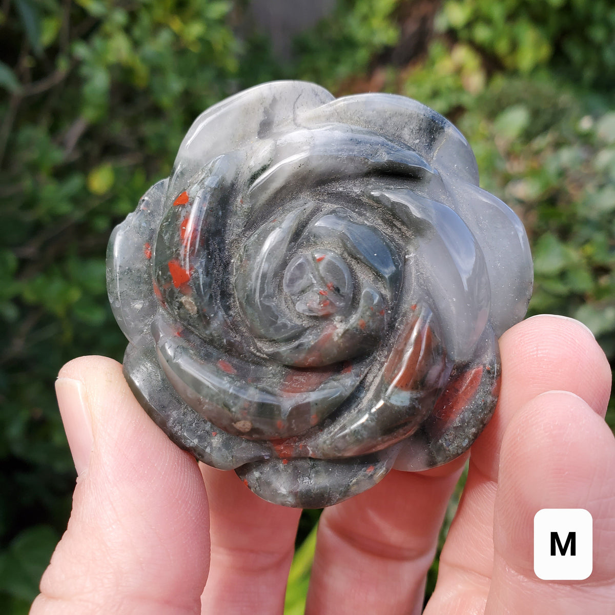 African Bloodstone Rose - Calming, Grounding, Persistence, Courage - Black and Red Crystal Flower Carving Healing Gemstone
