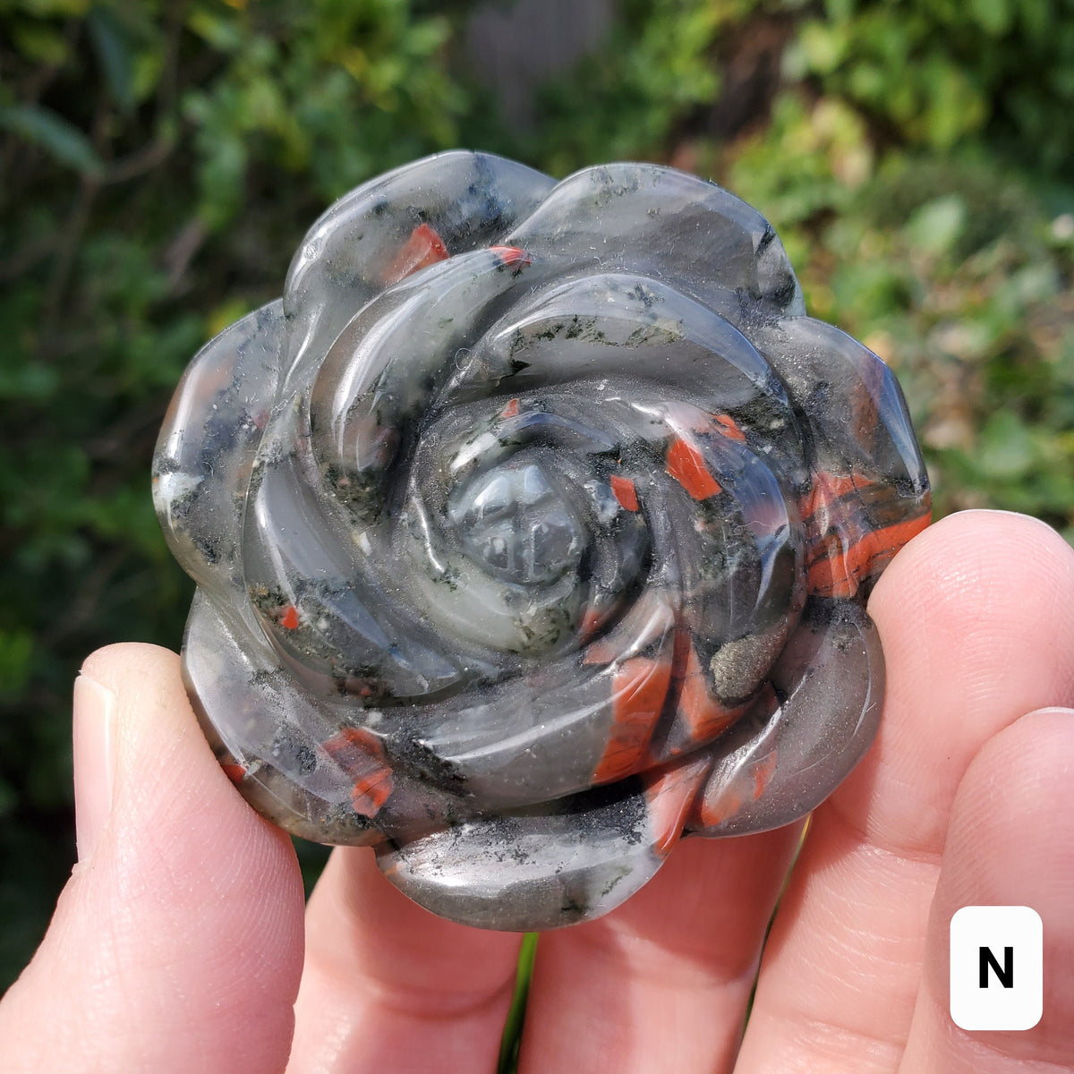 African Bloodstone Rose - Calming, Grounding, Persistence, Courage - Black and Red Crystal Flower Carving Healing Gemstone