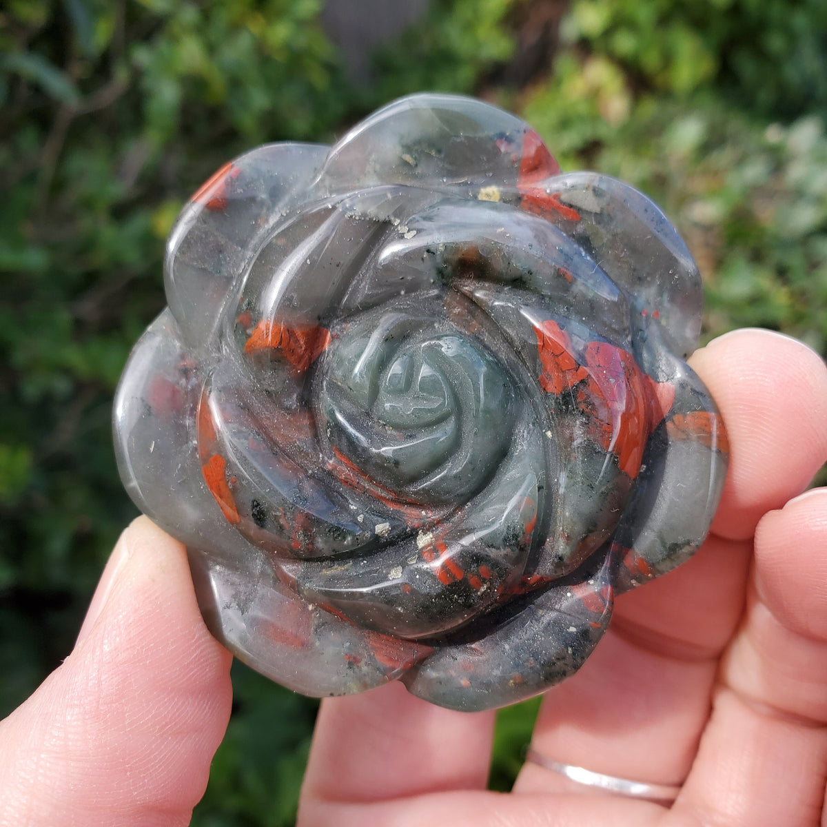 African Bloodstone Rose - Calming, Grounding, Persistence, Courage - Black and Red Crystal Flower Carving Healing Gemstone