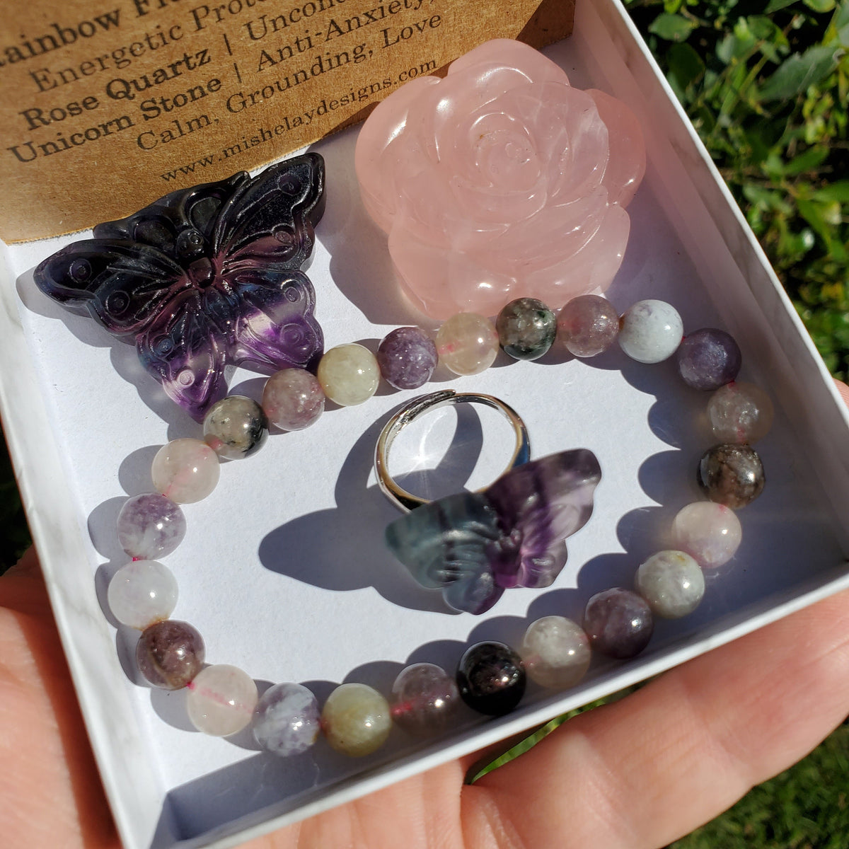 Butterfly & Rose Gift Set - Fluorite Butterfly and Ring + Rose Quartz Rose + Unicorn Bracelet - Clarity, Grounding, Love, Protection