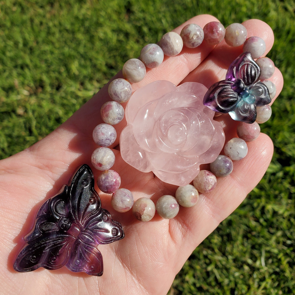 Butterfly & Rose Gift Set - Fluorite Butterfly and Ring + Rose Quartz Rose + Unicorn Bracelet - Clarity, Grounding, Love, Protection