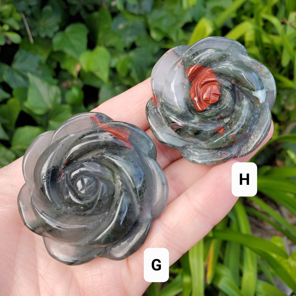 African Bloodstone Rose - Calming, Grounding, Persistence, Courage - Black and Red Crystal Flower Carving Healing Gemstone
