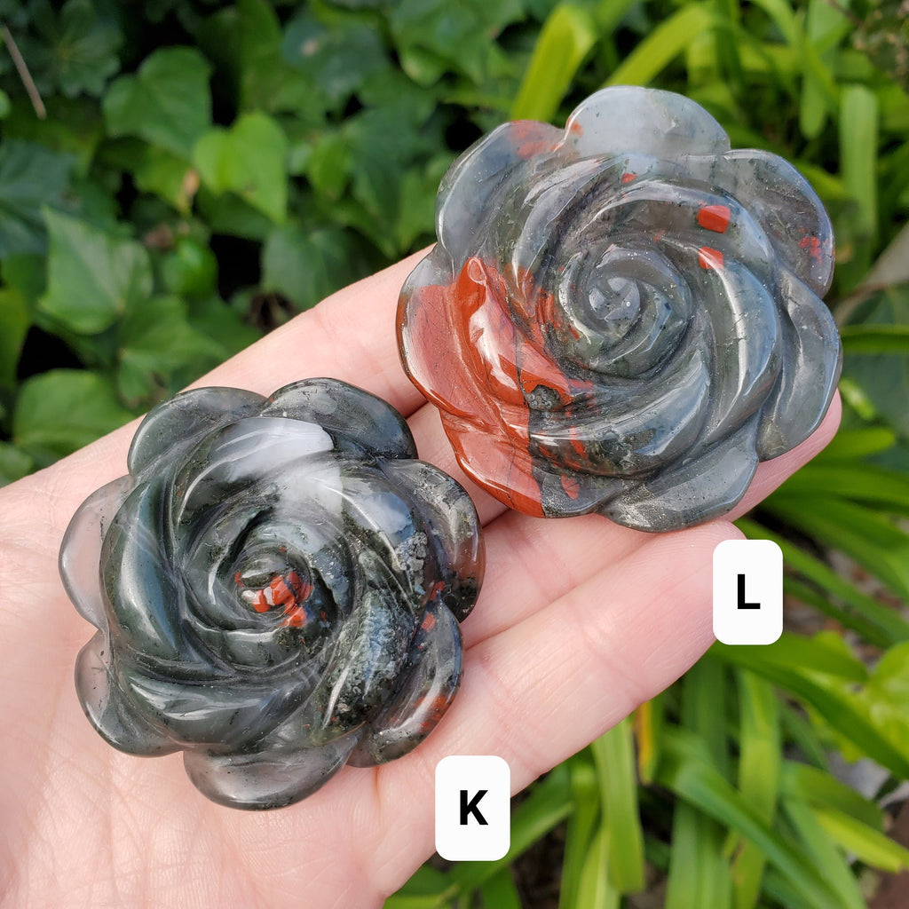 African Bloodstone Rose - Calming, Grounding, Persistence, Courage - Black and Red Crystal Flower Carving Healing Gemstone