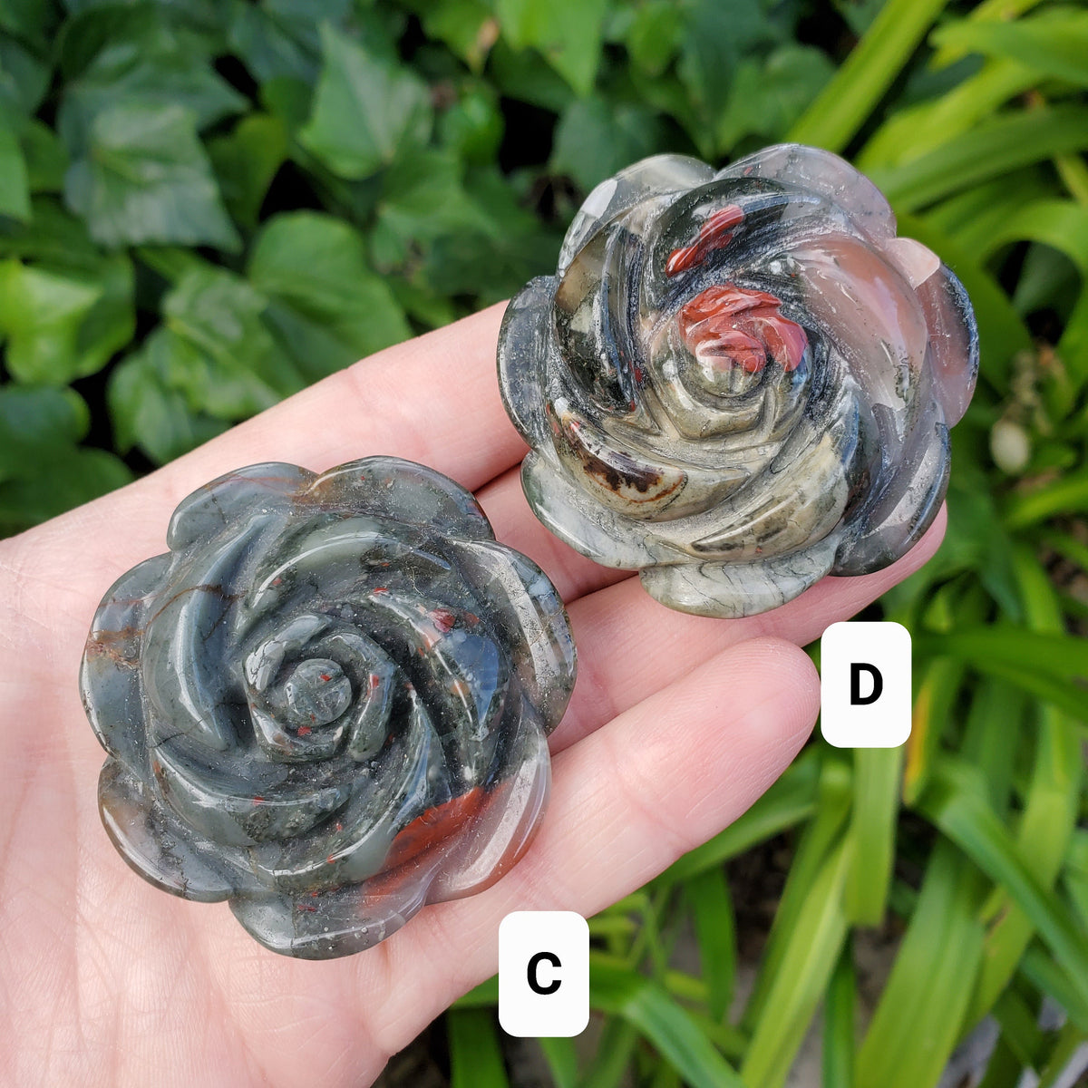 African Bloodstone Rose - Calming, Grounding, Persistence, Courage - Black and Red Crystal Flower Carving Healing Gemstone