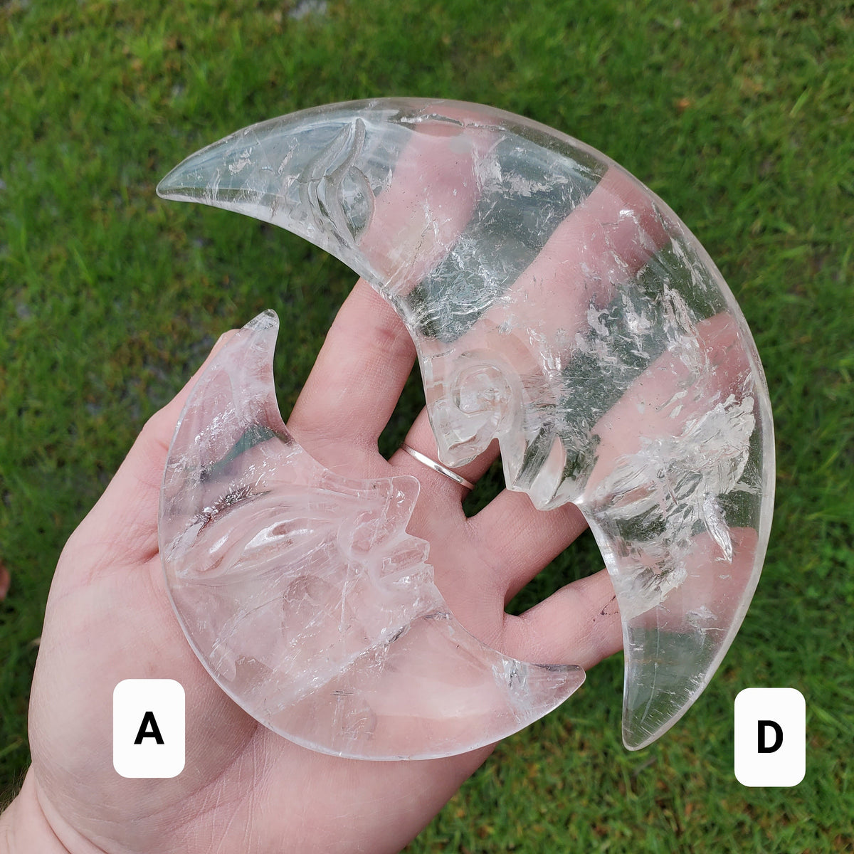 Quartz Moonface Moon on Stand - Counteracts the Negative, Energizes Positive Energy - Clear Quartz Moon Carving Healing Stone Statement