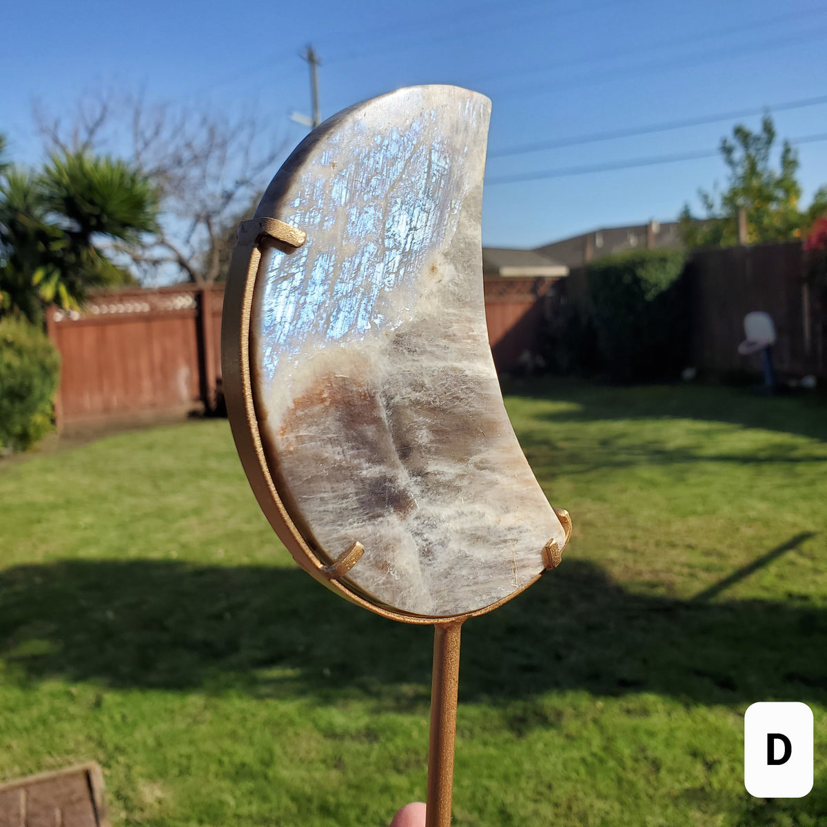 Gold & Blue Flashy Moonstone Moon on Stand - Uplifting, Raises Vibration, Feminine Energy, Empowering - Flashy Crystal Moon Healing Gemstone