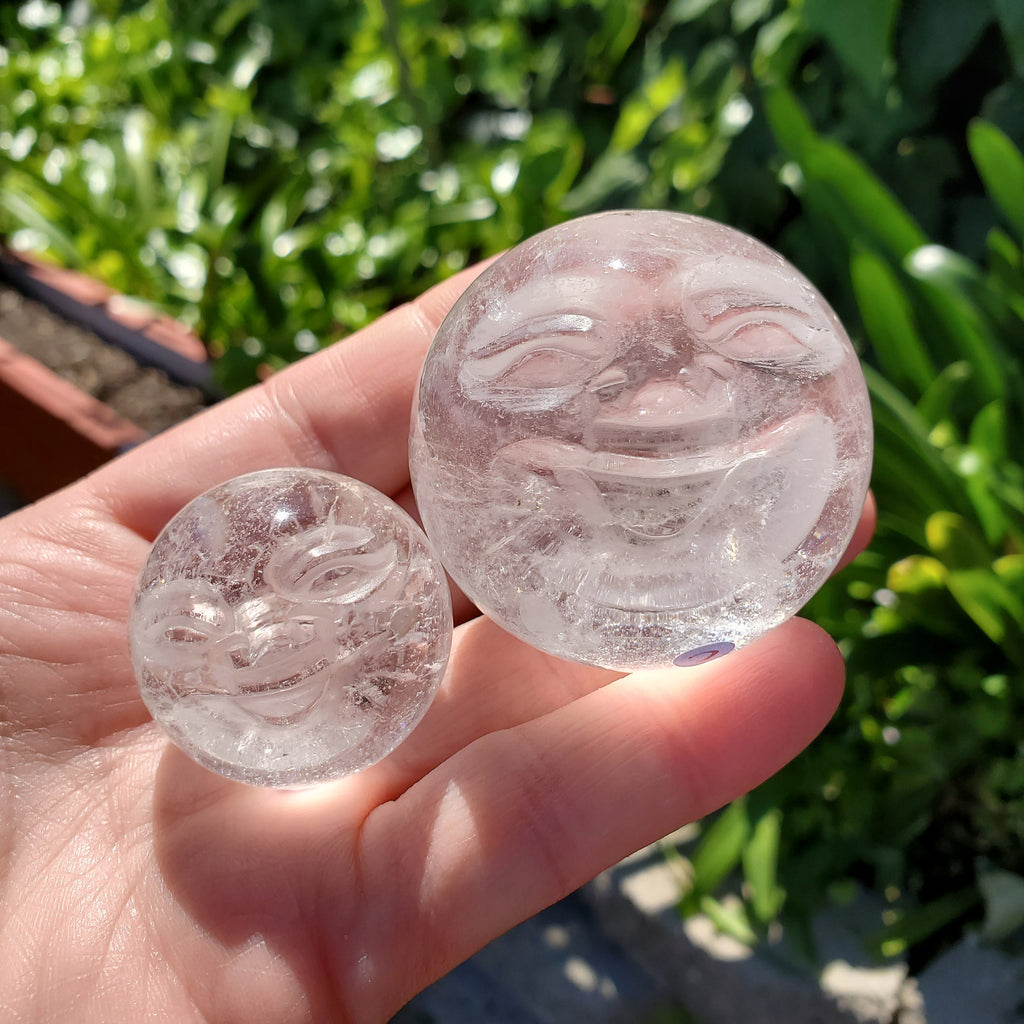 Moon Face Quartz Sphere - Counteracts the Negative, Energizes Positive Energy, Cleanses Your Aura - Clear Quartz Crystal Ball Healing Stone
