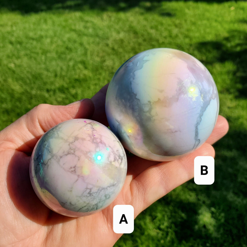 Aura Howlite Sphere - Calm, Confidence, Grounding, Emotional Healing - Howlite Crystal Ball Healing Crystals Gemstones