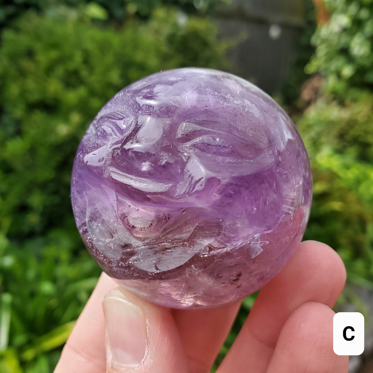 Moon Face Amethyst Sphere - Calming, Energetic Protection, Positivity, Connection - Purple Amethyst Moon Crystal Healing Gemstones