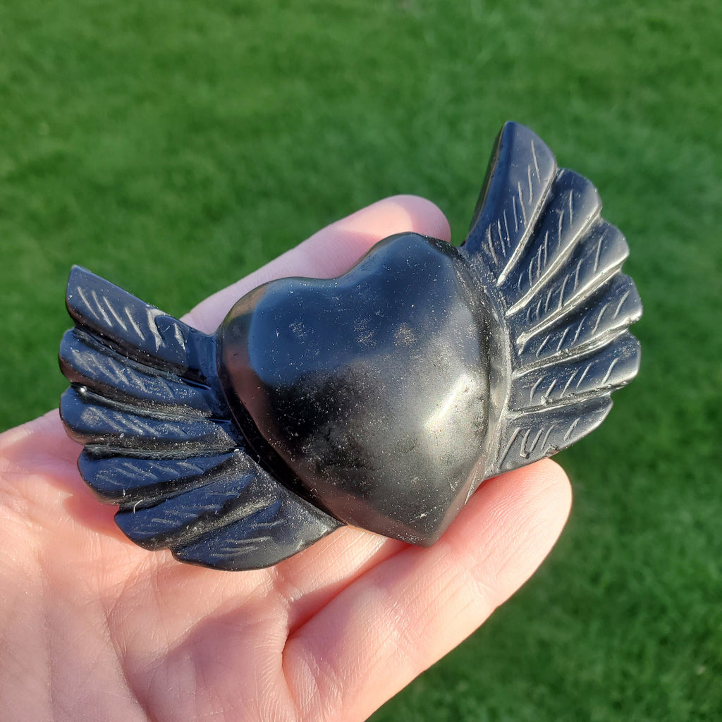 Obsidian Heart Wings - Self Reflection, Release Negative Energies - 3.90" Obsidian Black Heart Healing Crystals Gemstones