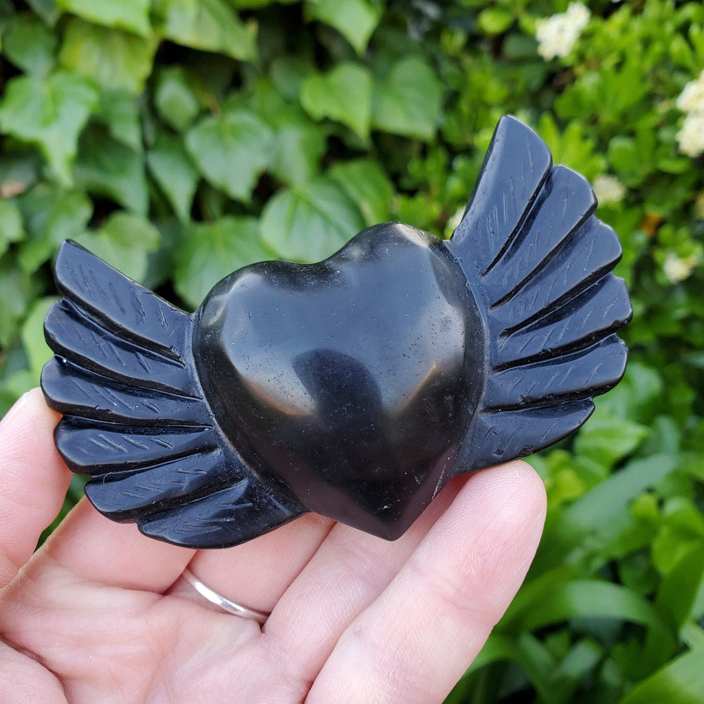 Obsidian Heart Wings - Self Reflection, Release Negative Energies - 3.90" Obsidian Black Heart Healing Crystals Gemstones