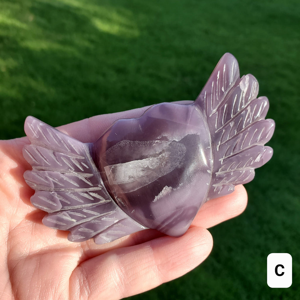 Purple Fluorite Heart Wings - Protective, Grounding, Relieves Stress, Mental Clarity - Fluorite Crystal Heart with Wings Healing Gemstones