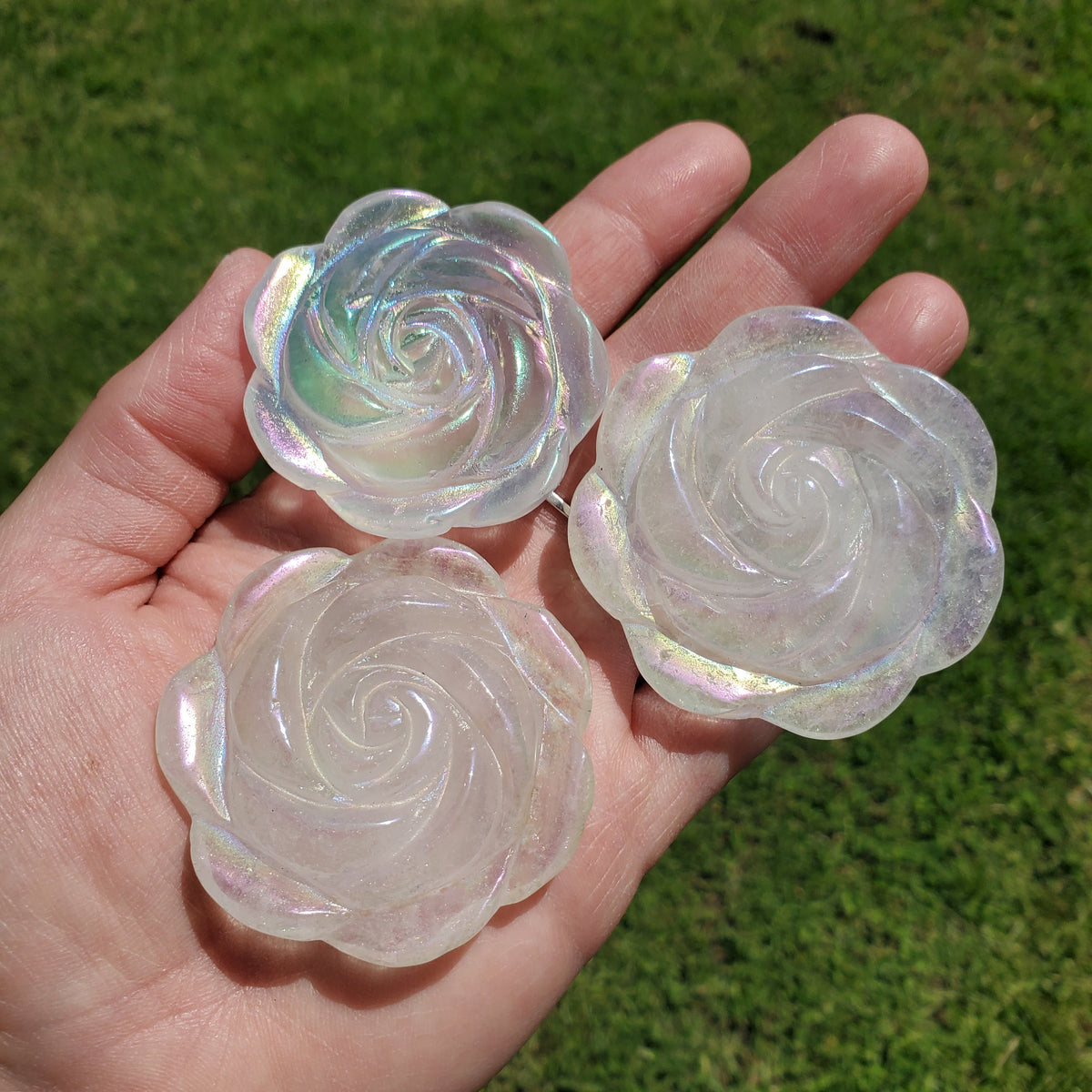 Aura Quartz Flower - Counteracts the Negative, Energizes Positive Energy - Rainbow Quartz Rose Carving Crystal Flower Healing Stone